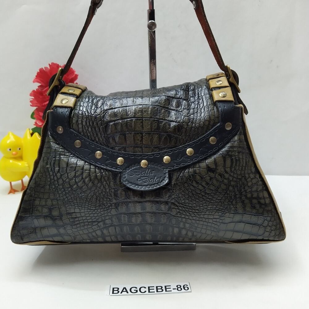 Bella Dolci Gray Leather Crocodile Embossed Studded Flap Closure Shoulder Bag - Picture 2 of 10